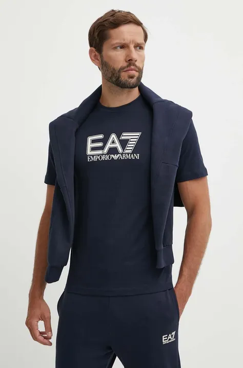 Bombažna kratka majica EA7 Emporio Armani moška, mornarsko modra barva, PJVPZ.6DPT81