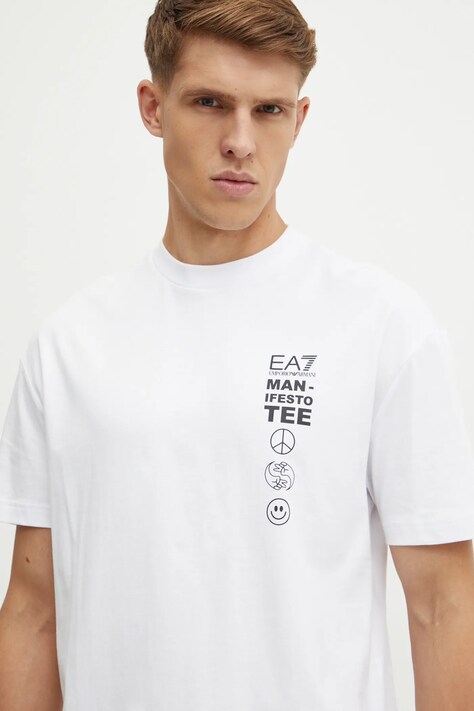 EA7 Emporio Armani tricou din bumbac barbati, culoarea alb, cu imprimeu, AF11970.7M000006