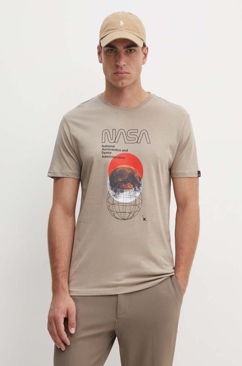 Βαμβακερό μπλουζάκι Alpha Industries ανδρικό, χρώμα: μπεζ, 146510