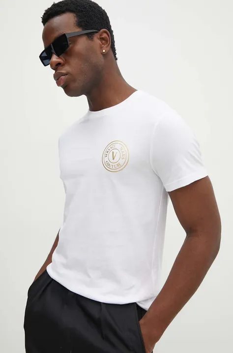 Хлопковая футболка Versace Jeans Couture мужская цвет белый с принтом 77GAHT00 CJ00T