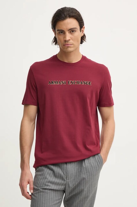 Armani Exchange tricou din bumbac barbati, culoarea bordo, cu imprimeu, XM000127 AF10356