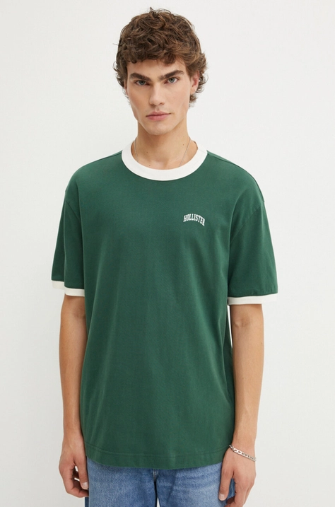 Hollister Co. tricou din bumbac barbati, culoarea verde, cu imprimeu, KI323-4041