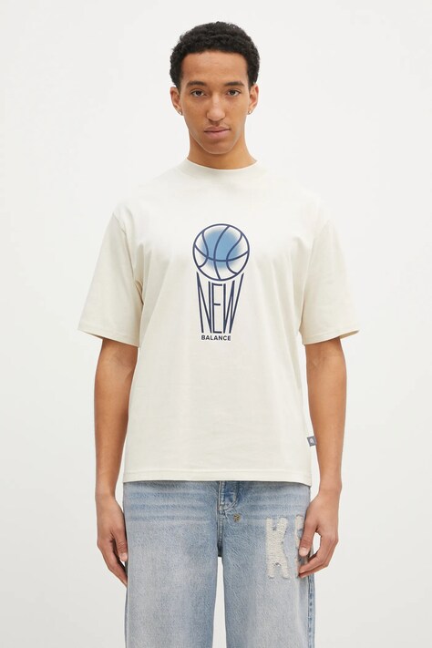 New Balance tricou din bumbac barbati, culoarea bej, cu imprimeu, MT44585LIN