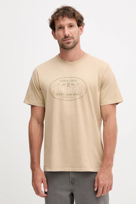 Pepe Jeans tricou din bumbac ANDER barbati, culoarea bej, cu imprimeu, PM509621