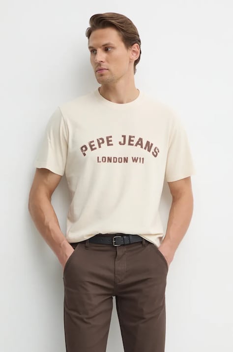 Pepe Jeans tricou din bumbac ALDRIDGE barbati, culoarea bej, cu imprimeu, PM509628