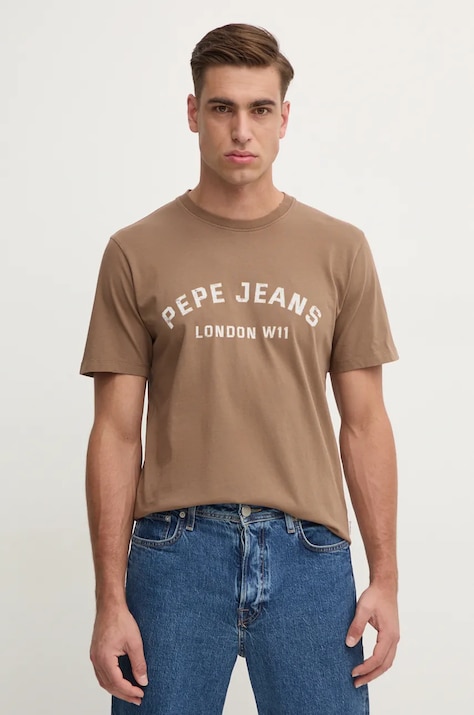Pamučna majica Pepe Jeans ALDRIDGE za muškarce, boja: smeđa, s tiskom, PM509628