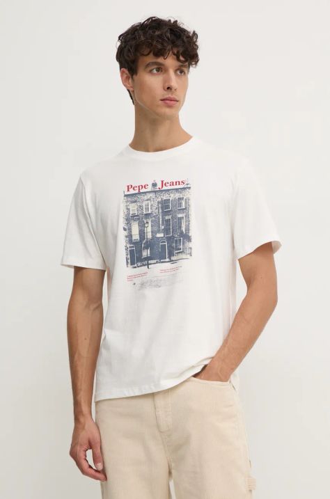 Pepe Jeans tricou din bumbac SOREN TEE barbati, culoarea alb, cu imprimeu, PM509635