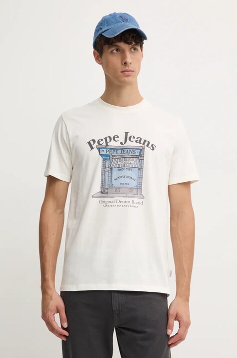 Pepe Jeans tricou din bumbac AGGO barbati, culoarea bej, cu imprimeu, PM509638