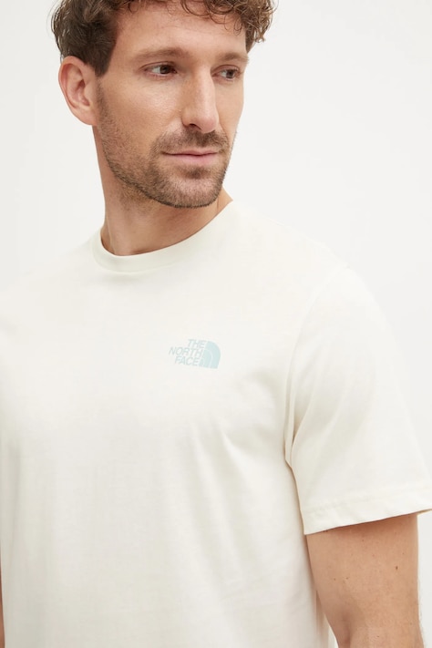The North Face tricou din bumbac Redbox barbati, culoarea bej, cu imprimeu, NF0A8A3Q9IY1
