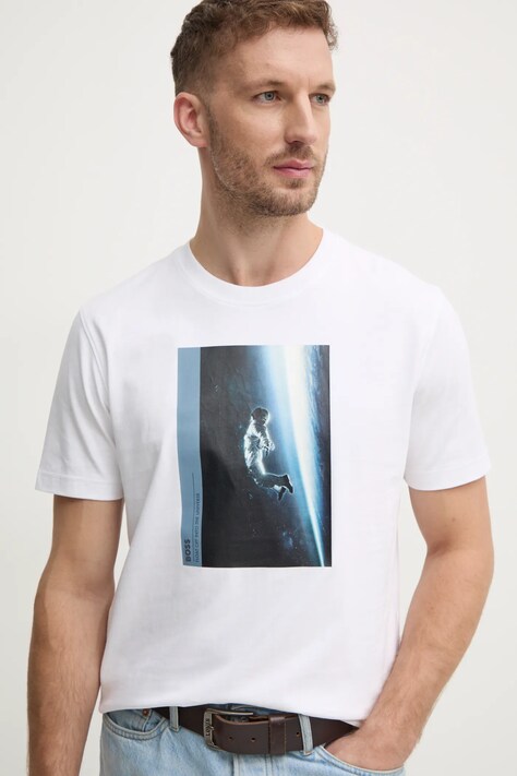 Boss Orange tricou din bumbac barbati, culoarea bej, cu imprimeu, 50528212
