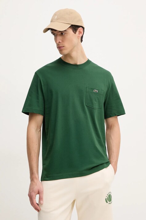 Lacoste tricou din bumbac barbati, culoarea verde, neted, TH2827