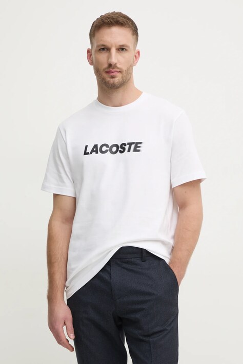 Lacoste tricou din bumbac barbati, culoarea alb, cu imprimeu, TH2861