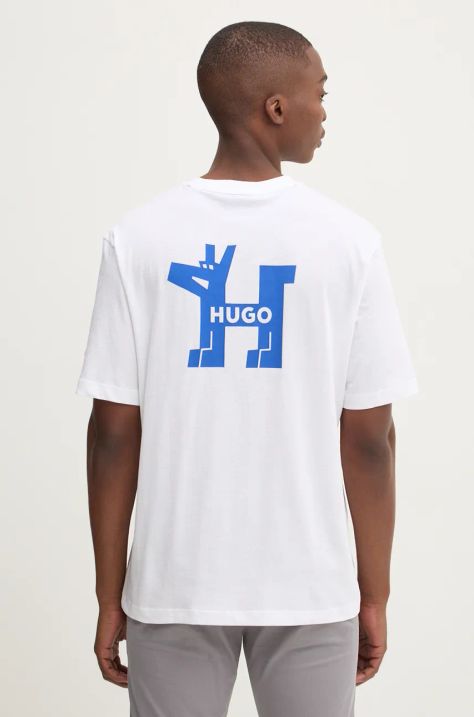 Hugo Blue tricou din bumbac barbati, culoarea alb, cu imprimeu, 50523830