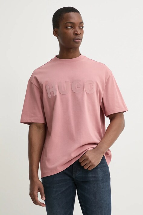 HUGO tricou din bumbac bărbați, culoarea roz, cu imprimeu, 50525765