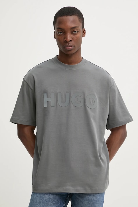 Бавовняна футболка HUGO чоловіча колір сірий з принтом 50525765
