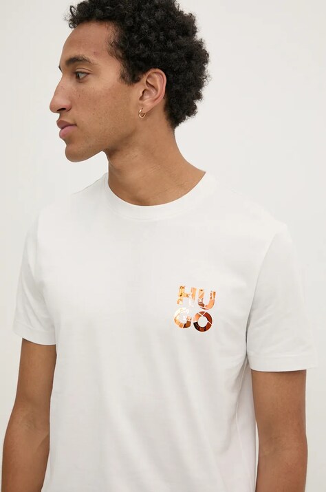 HUGO tricou din bumbac barbati, culoarea bej, cu imprimeu, 50522134