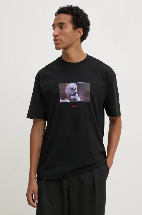 HUGO tricou din bumbac barbati, culoarea negru, cu imprimeu, 50528428