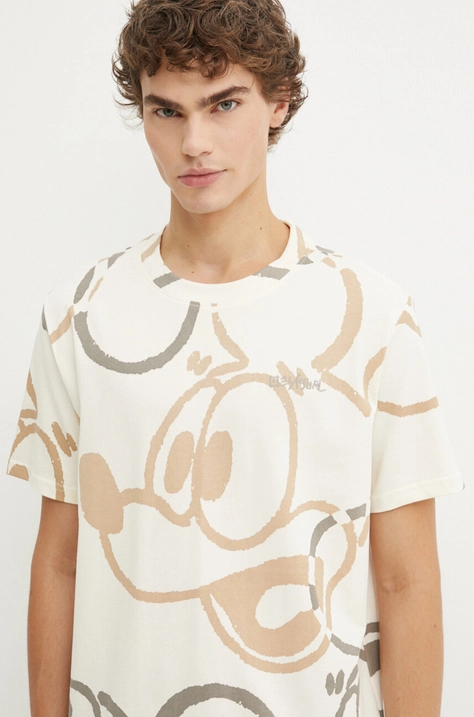 Βαμβακερό μπλουζάκι Desigual BEAU-MICKEY x Disney ανδρικό, χρώμα: μπεζ, 24WMTK31