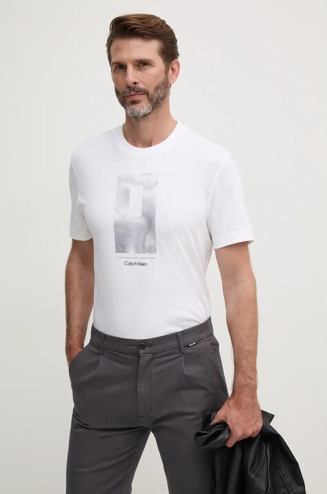 Calvin Klein tricou din bumbac barbati, culoarea alb, cu imprimeu, K10K113588