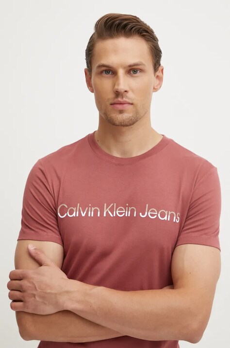 Calvin Klein Jeans tricou din bumbac barbati, culoarea bordo, cu imprimeu, J30J325676