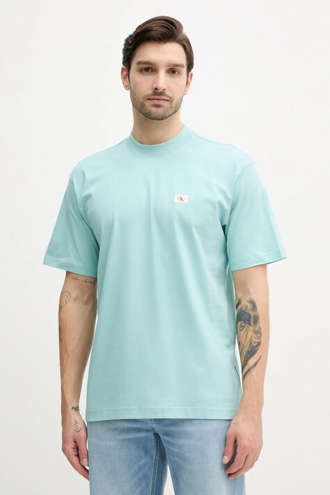 Calvin Klein Jeans tricou din bumbac barbati, culoarea turcoaz, neted, J30J326857