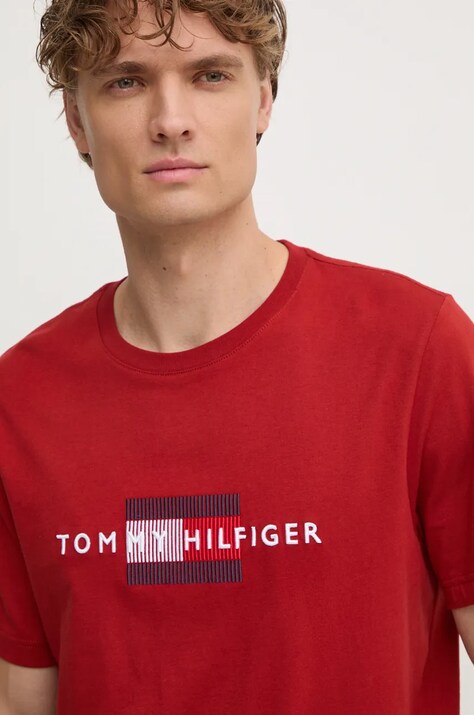 Tommy Hilfiger tricou din bumbac barbati, culoarea rosu, cu imprimeu, MW0MW36455