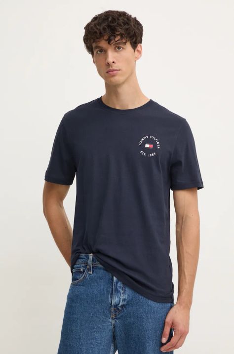 Tommy Hilfiger tricou din bumbac barbati, culoarea albastru marin, cu imprimeu, MW0MW36482