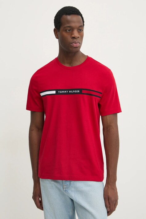 Tommy Hilfiger tricou din bumbac bărbați, culoarea roșu, cu imprimeu, MW0MW36498
