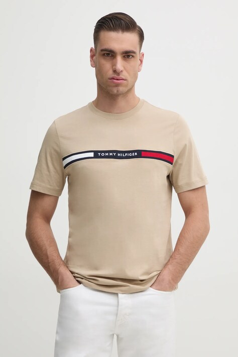 Tommy Hilfiger t-shirt bawełniany męski kolor beżowy z aplikacją MW0MW36498