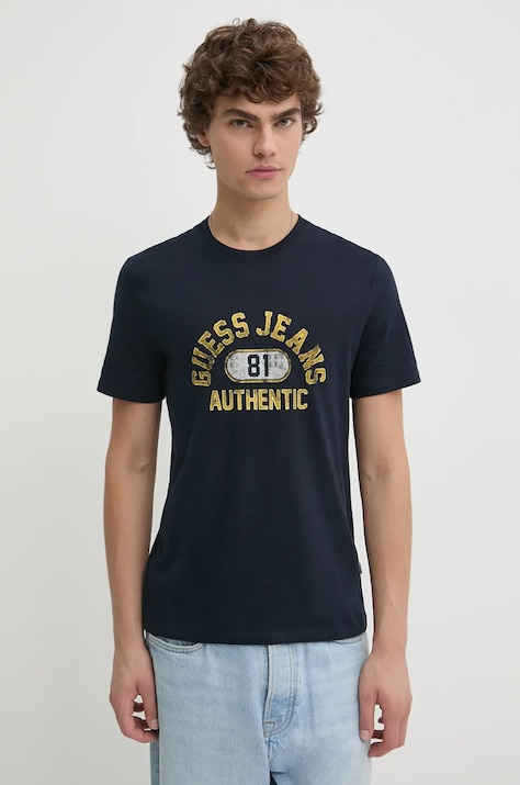 Guess Jeans tricou din bumbac barbati, culoarea albastru marin, cu imprimeu, M4BI74 K8HM0