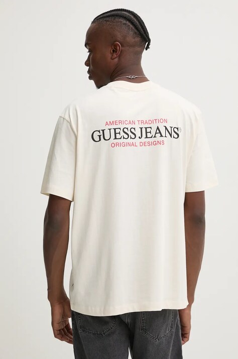 Guess Jeans tricou din bumbac barbati, culoarea bej, cu imprimeu, M4BI75 K8FQ4