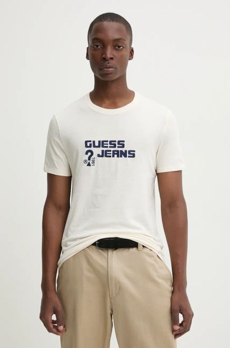 Guess Jeans tricou din bumbac barbati, culoarea bej, cu imprimeu, M4BI76 K8HM0