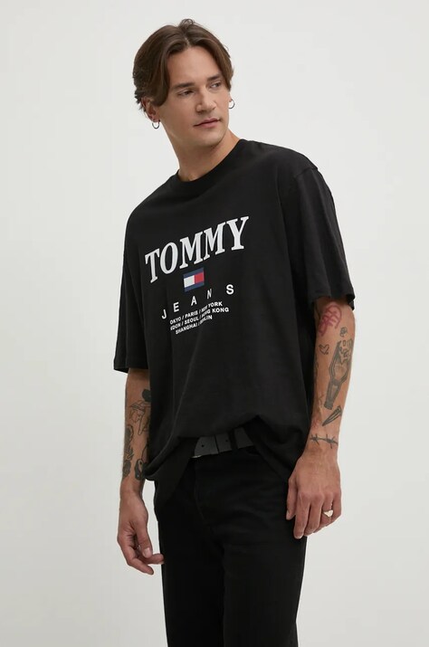 Tommy Jeans tricou din bumbac barbati, culoarea negru, cu imprimeu, DM0DM20080