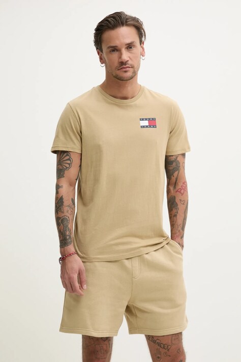Tommy Jeans tricou din bumbac barbati, culoarea bej, cu imprimeu, DM0DM20740