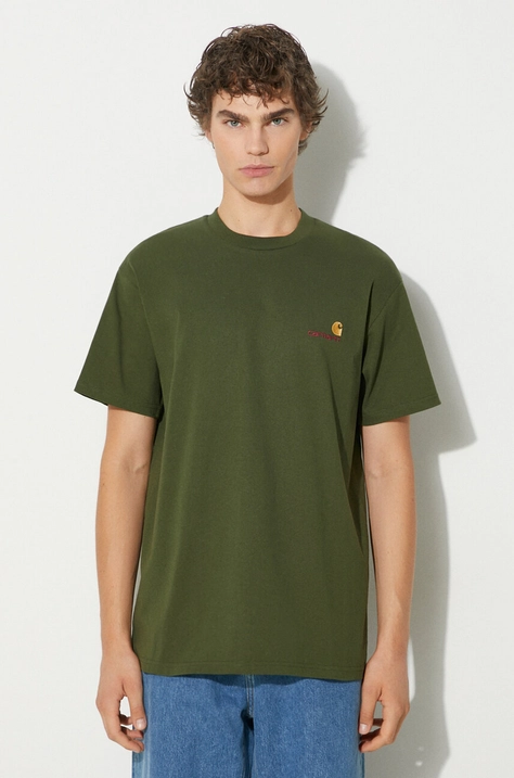 Carhartt WIP tricou din bumbac S/S American Script barbati, culoarea verde, cu imprimeu, I029956.2BRXX