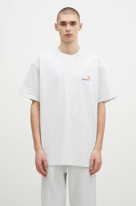 Bavlněné tričko Carhartt WIP S/S American Script šedá barva, I029956.482XX