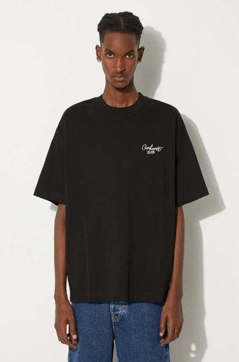 Carhartt WIP tricou din bumbac S/S Signature Script barbati, culoarea negru, neted, I033828.K02XX