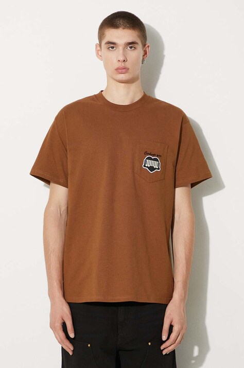 Carhartt WIP t-shirt bawełniany S/S Heart Train Pocket męski kolor brązowy z aplikacją I033979.HZXX