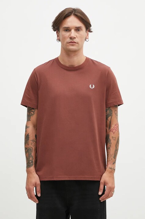 Бавовняна футболка Fred Perry Crew Neck T-Shirt чоловіча колір коричневий з аплікацією M1600.W52