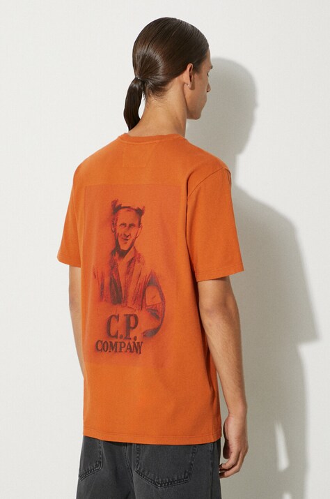 C.P. Company tricou din bumbac 24/1 Jersey Pencil Effect Graphics barbati, culoarea maro, cu imprimeu, 17CMTS242A005431G