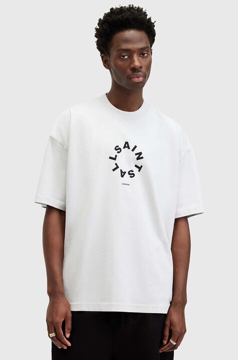 AllSaints tricou din bumbac TIERRA SS CREW barbati, culoarea gri, cu imprimeu, M072PB