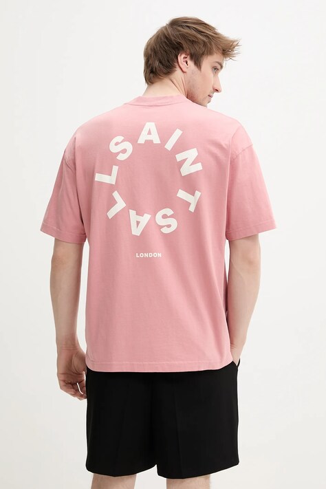 Бавовняна футболка AllSaints TIERRA SS CREW чоловіча колір рожевий з принтом M072PB