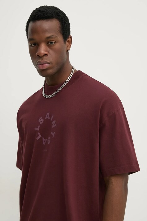 AllSaints tricou din bumbac TIERRA SS CREW barbati, culoarea bordo, cu imprimeu, M072PB