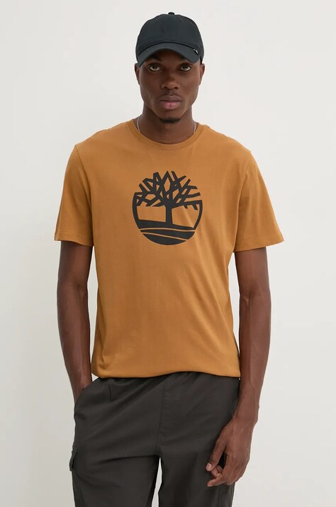 Timberland tricou din bumbac barbati, culoarea maro, cu imprimeu, TB0A2C2RP471