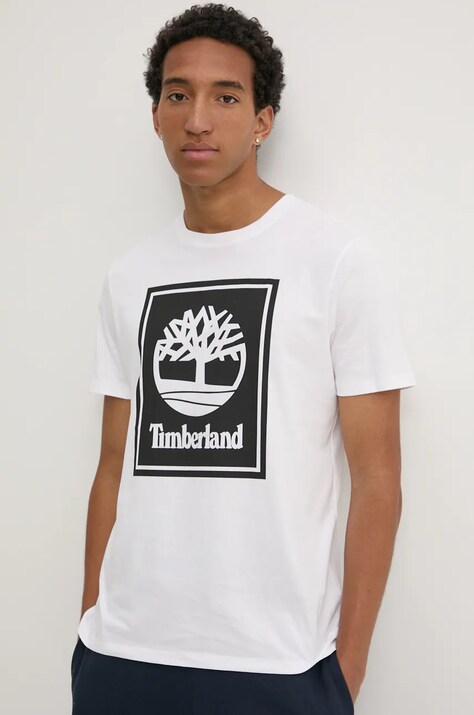 Timberland tricou din bumbac barbati, culoarea alb, cu imprimeu, TB0A5WQQP541