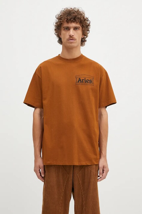 Aries cotton t-shirt Temple SS Tee men’s brown color smooth AR6000002
