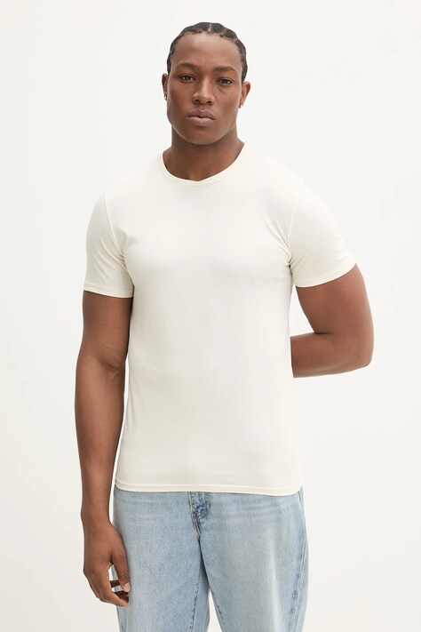 Guess tricou din bumbac barbati, culoarea bej, neted
