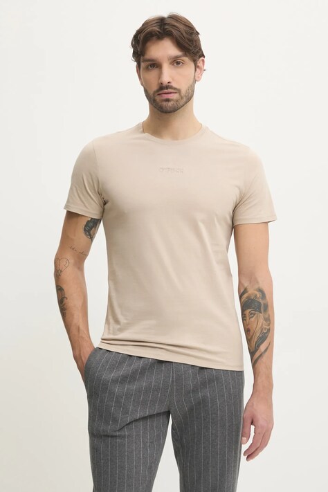 Guess tricou din bumbac barbati, culoarea bej, neted