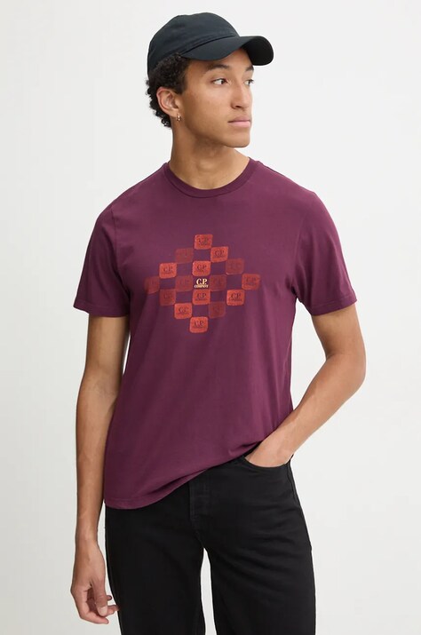 C.P. Company tricou din bumbac barbati, culoarea bordo, cu imprimeu, 17CMTS240A005431G