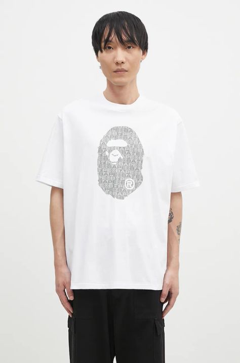 Памучна тениска A Bathing Ape LUX SPORT PATTERN APE HEAD RELAXED FIT TEE в бяло с принт 1K80110322